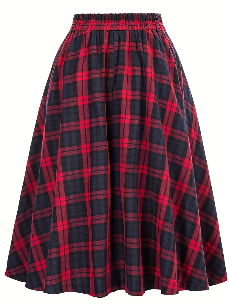 Plus Size Grunge Skirt, Women's Plus Plaid Print Button Decor Elastic Ruffle Skirt