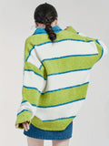 Striped Polo Neck Pullover Sweater, Casual Long Sleeve Sweater For Fall & Winter, Women's Clothing