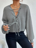 Solid Lace Up Sweater, Casual Long Sleeve Sweater For Fall & Winter, Women's Clothing