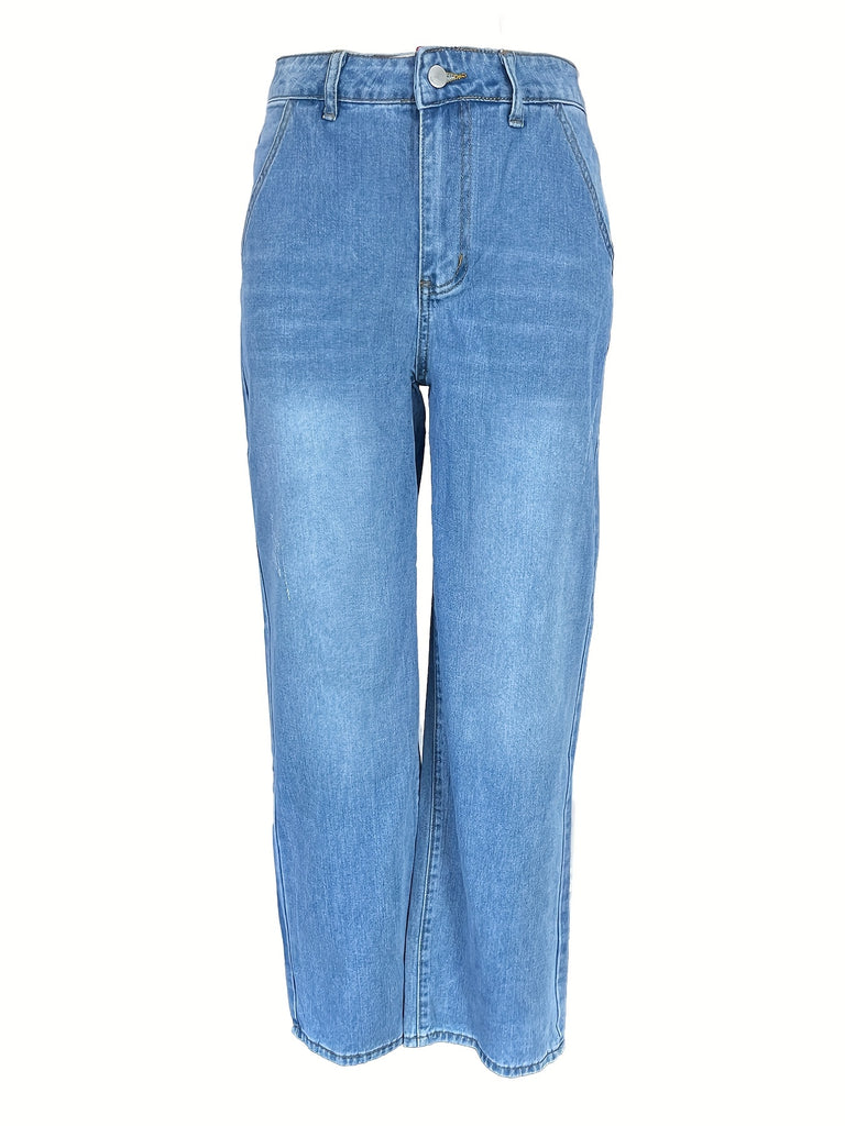 elveswallet  Solid Loose Fit Straight Jeans, Non-Stretch Slash Pockets Baggy Denim Pants, Women's Denim Jeans & Clothing