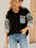 Tribal Pattern Turndown Collar Corduroy Jacket, Vintage Button Up Long Sleeve Outwear For Spring & Fall, Women's Clothing