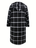 Plus Size Elegant Coat, Women's Plus Grid Print Long Sleeve Hoodie Slight Stretch Longline Woolen Coat