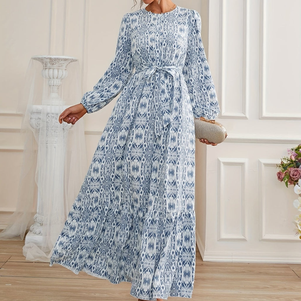 elveswallet  Ethnic Graphic Print Dress, Vintage Crew Neck Long Sleeve Maxi Dress, Women's Clothing
