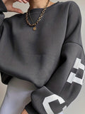 elveswallet  Women Oversized Thermal Letter Graphic Print Sweatshirt Aesthetic Crew Neck Long Sleeve Drop Shoulder Pullover
