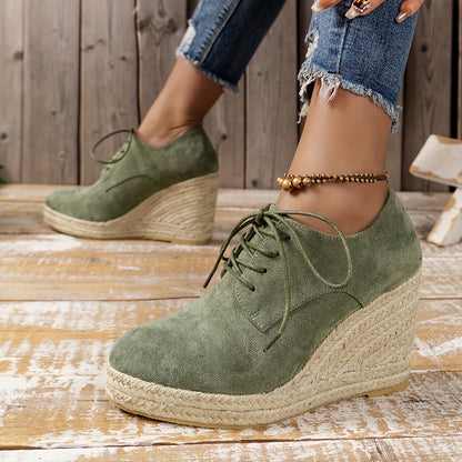 elveswallet Espadrilles Round Toe Lace Up Low-top Platform Wedges