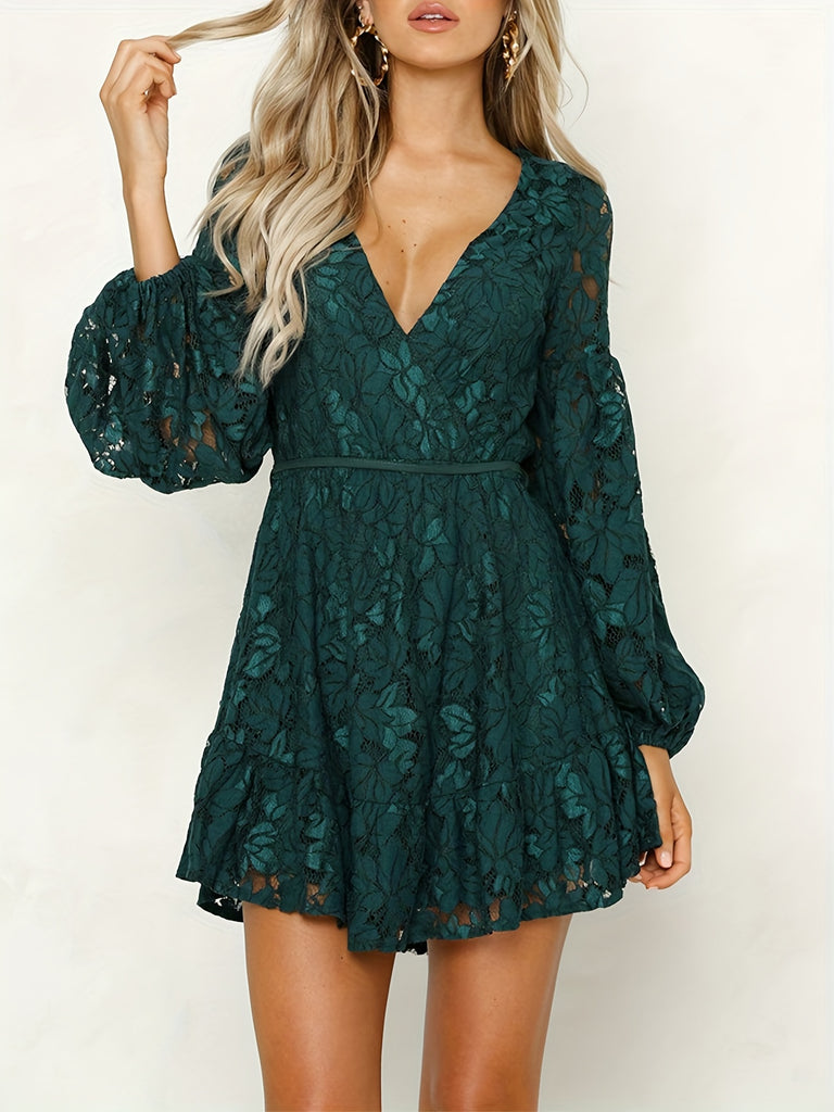 elveswallet  Contrast Lace V Neck Dress, Casual Solid Long Sleeve Dress, Women's Clothing