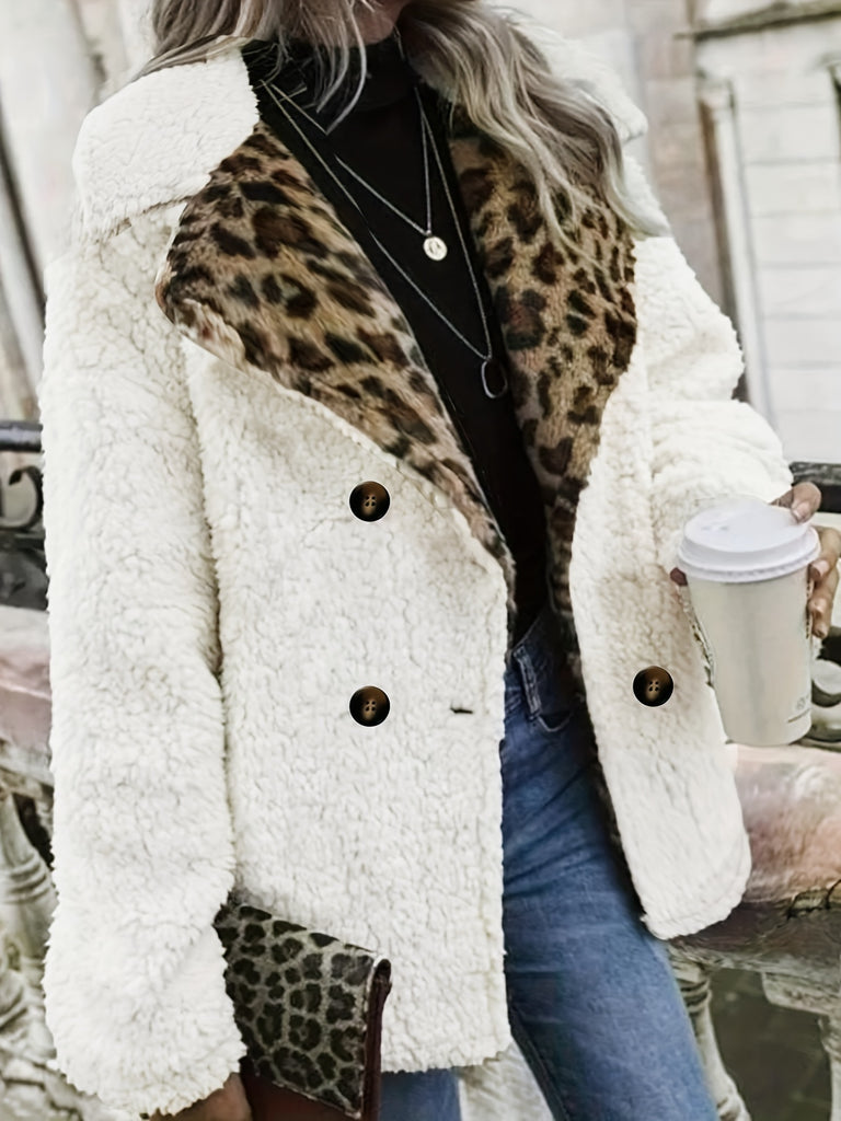 Plus Size Casual Coat, Women's Plus Colorblock Leopard Print Teddy Fleece Double Breast Button Long Sleeve Lapel Collar Coat