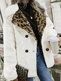 Plus Size Casual Coat, Women's Plus Colorblock Leopard Print Teddy Fleece Double Breast Button Long Sleeve Lapel Collar Coat
