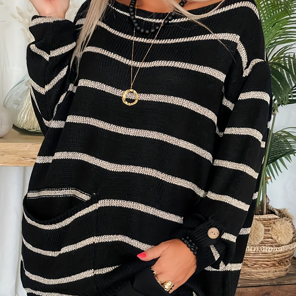 elveswallet  Plus Size Casual Sweater, Women's Plus Stripe Print Long Sleeve Round Neck Oversized Jumper