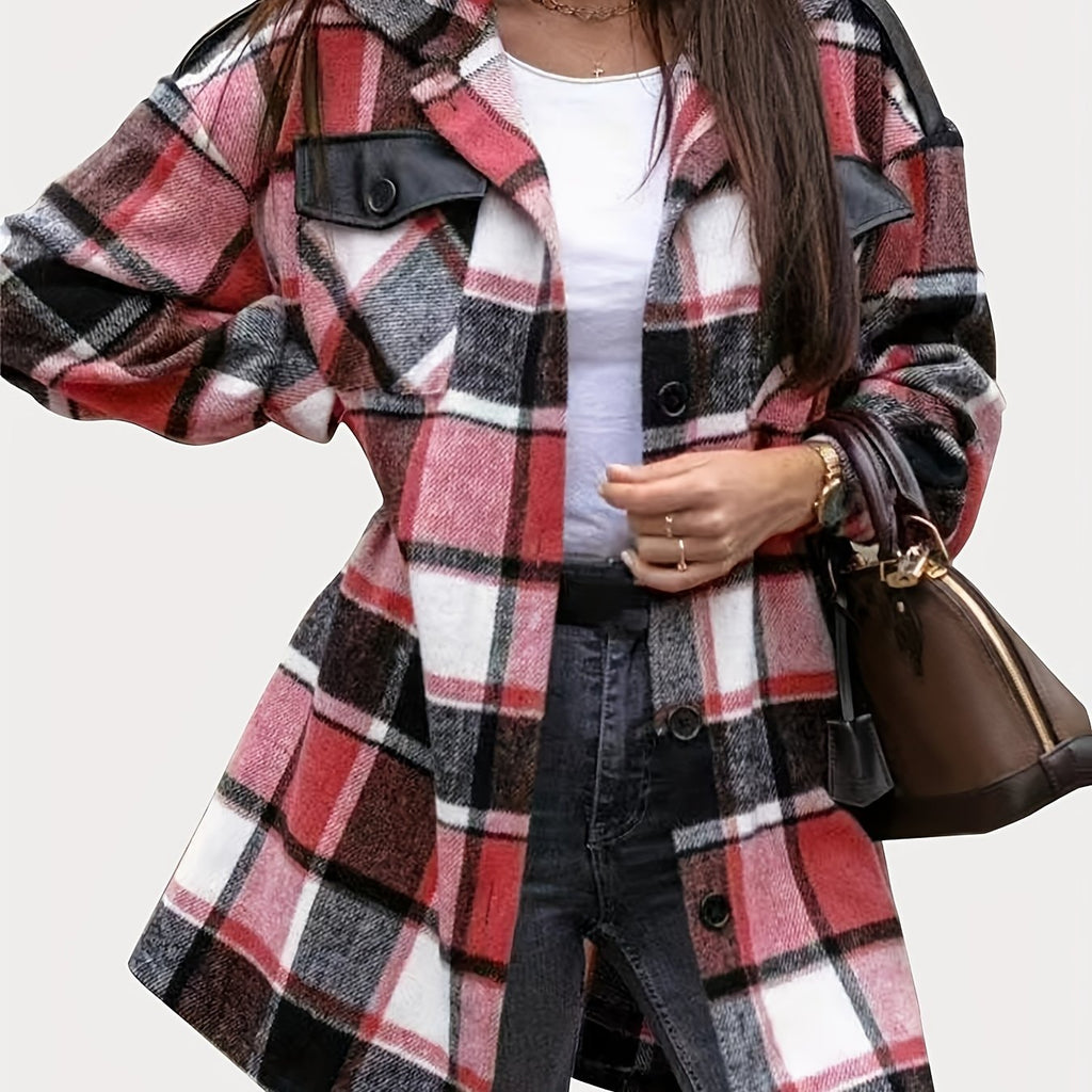 elveswallet  Plaid Print Shacket Jacket, Elegant Long Sleeve Button Front Turn Down Collar Mid Length Outerwear, Women's Clothing