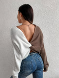 elveswallet  Color Block Twist Back Knitted Sweater, Elegant V Neck Long Sleeve Loose Sweater, Women's Clothing