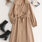 Plus Size Casual Trench Coat, Women's Plus Solid Long Sleeve Lapel Collar Longline Trench Coat With Belt