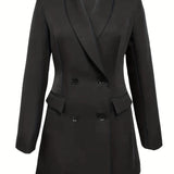 Solid Double Breasted Blazer, Elegant Lapel Long Sleeve Blazer For Office & Work, Women's Clothing