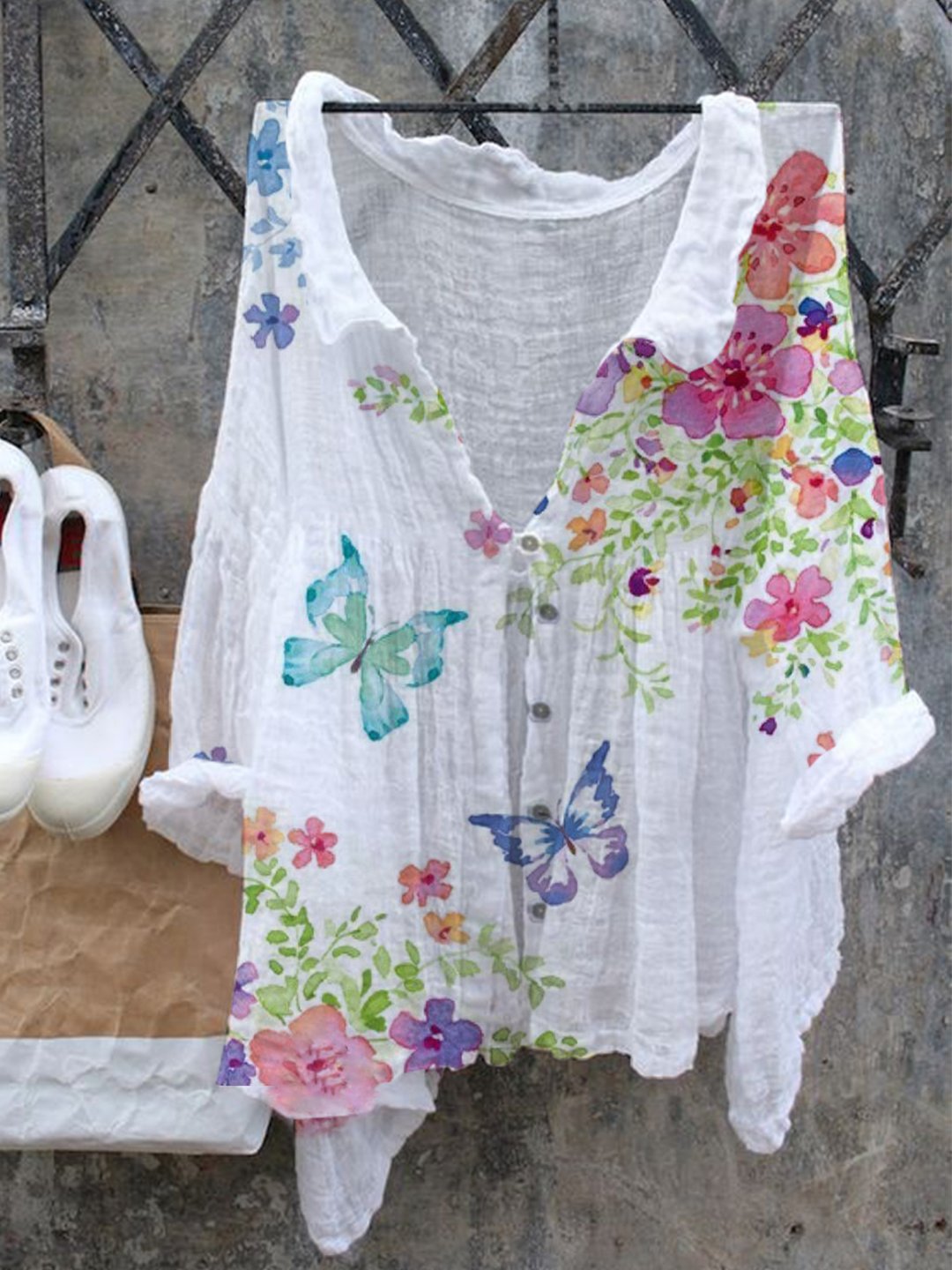 Butterfly Retro Cotton Linen Casual V-Neck Tops Shirts