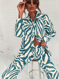 elveswallet  Casual Zebra Striped 2pcs Set, Button Down Long Sleeve Shirt & High Elastic Waist Pants, Women's Clothing