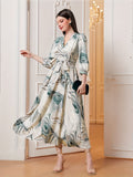 elveswallet  Abstract Print Surplice Neck Dress, Elegant 3/4 Sleeve Midi Dress, Women's Clothing