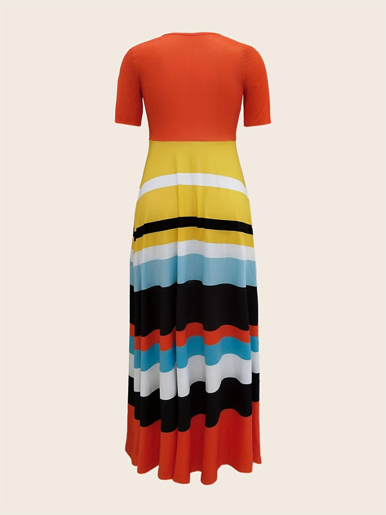 elveswallet  Striped Print Short Sleeve Dress, Casual Crew Neck Dress For Spring & Summer, Women's Clothing