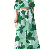 elveswallet  Floral Print V-neck Lace Up Suit,  High Waist Wide Leg Pants And Lantern Sleeve V-neck Top Set, Women's Clothing