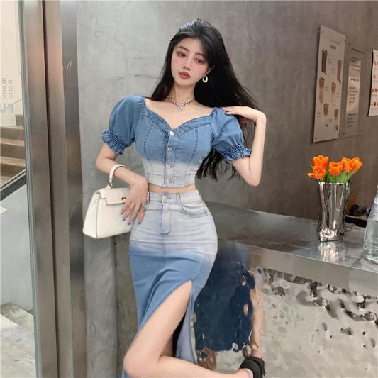 Hong Kong style design sense gradual change of color denim jacket + sexy medium and long side split skirt fashion two-piece set