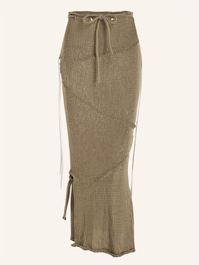 elveswallet  Solid Knitted Drawstring Waist Side Shirring Skirt, Casual Asymmetrical Ankle Skirt . Women's Clothing