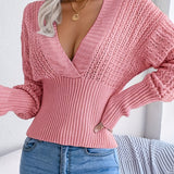 elveswallet  Solid Deep V Neck Pullover Sweater, Casual Long Sleeve Cinched Waist Sweater For Spring & Fall, Women's Clothing