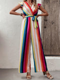 elveswallet  Rainbow Striped Wide Leg Jumpsuit, Casual Flutter Sleeve Jumpsuit For Spring & Summer, Women's Clothing