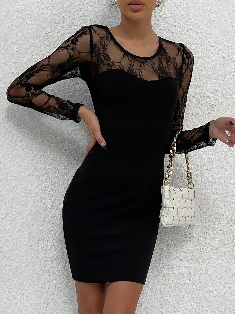 elveswallet  Round Neck Lace Pullover Sexy Dress, Floral Long Sleeve Bodycon Bag Hip Dress, Women's Clothing