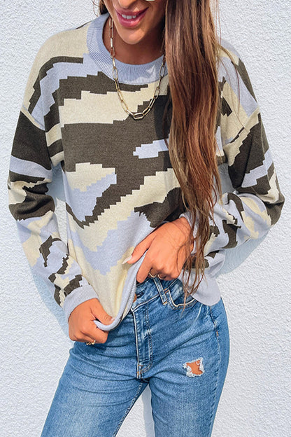 elveswallet Round Neck Camouflage Leopard Sweater