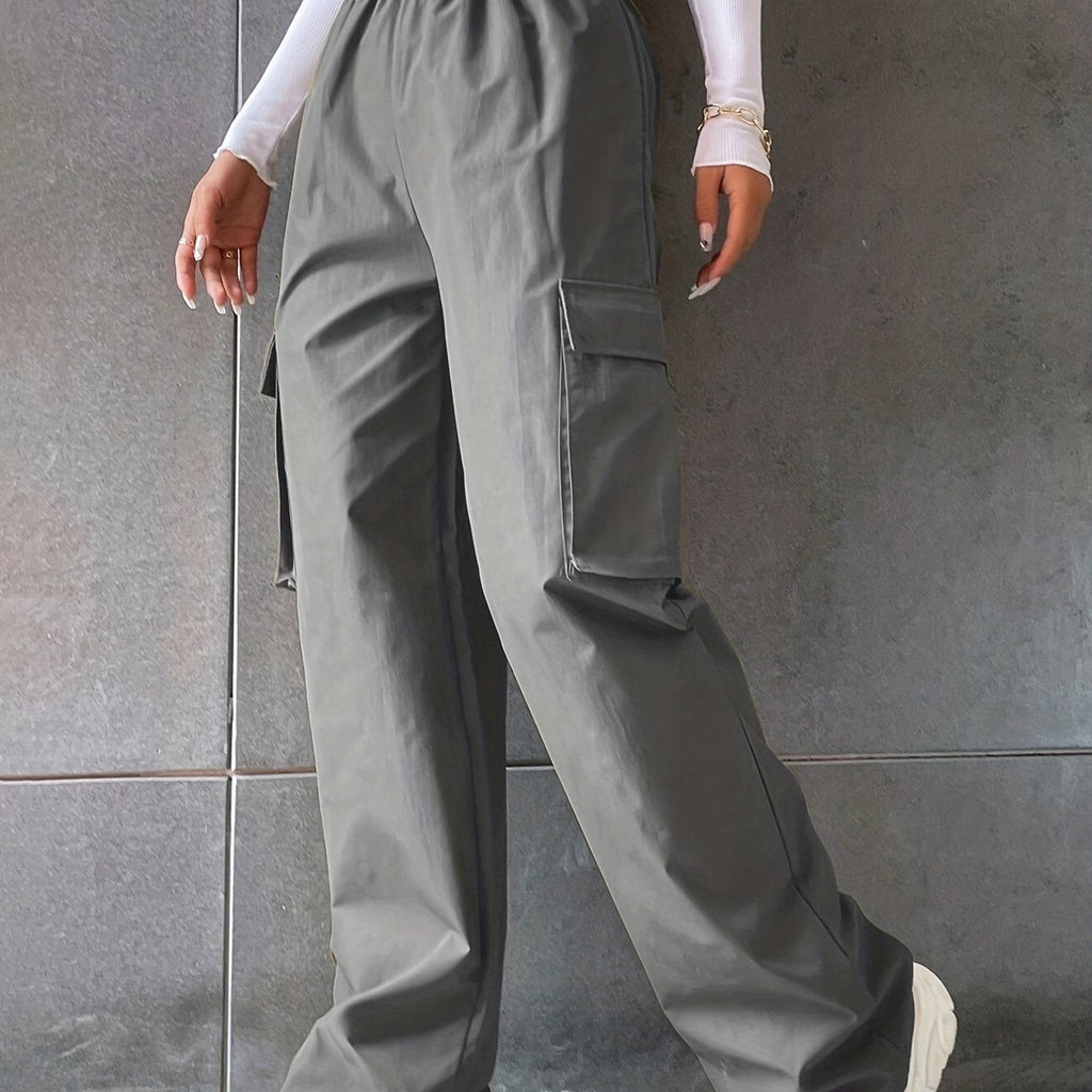 elveswallet  Flap Pockets Wide Leg Cargo Pants, Casual Stirred Waist Pants For Spring & Summer, Women's Clothing