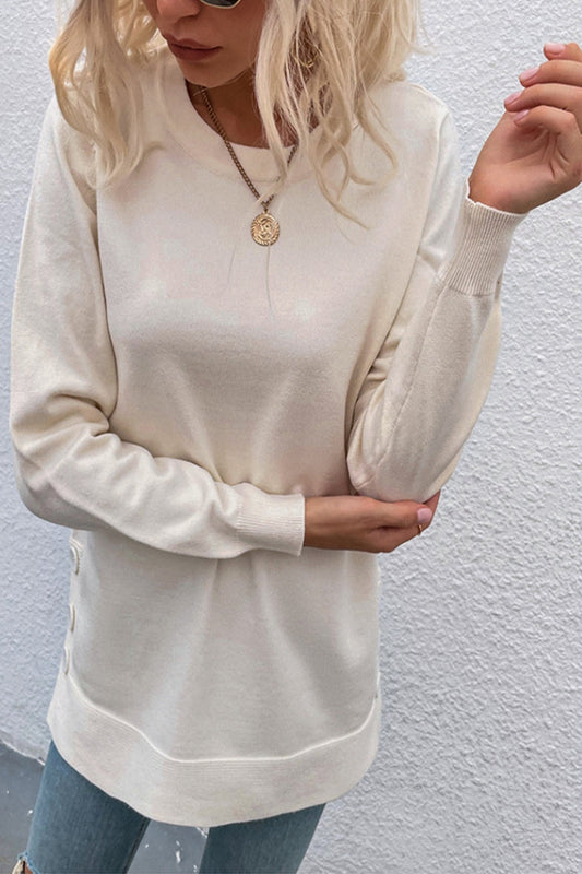 elveswallet Round Neck Button Solid Color Slit Knit Sweater