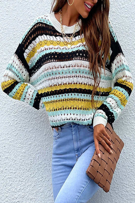 elveswallet Mix-Color Striped Patchwork Hollow Sweater