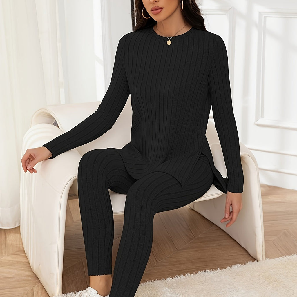 elveswallet  Casual Ribbed Knit Two-piece Set, Split Hem Long Sleeve Top & Slim Pants Outfits, Women's Clothing