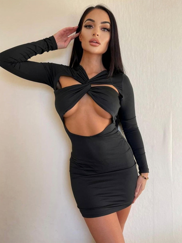 Hollow Out Long Sleeve Sexy Solid Dress, Casual Every Day Dress For Fall And Spring, Women's Clothing