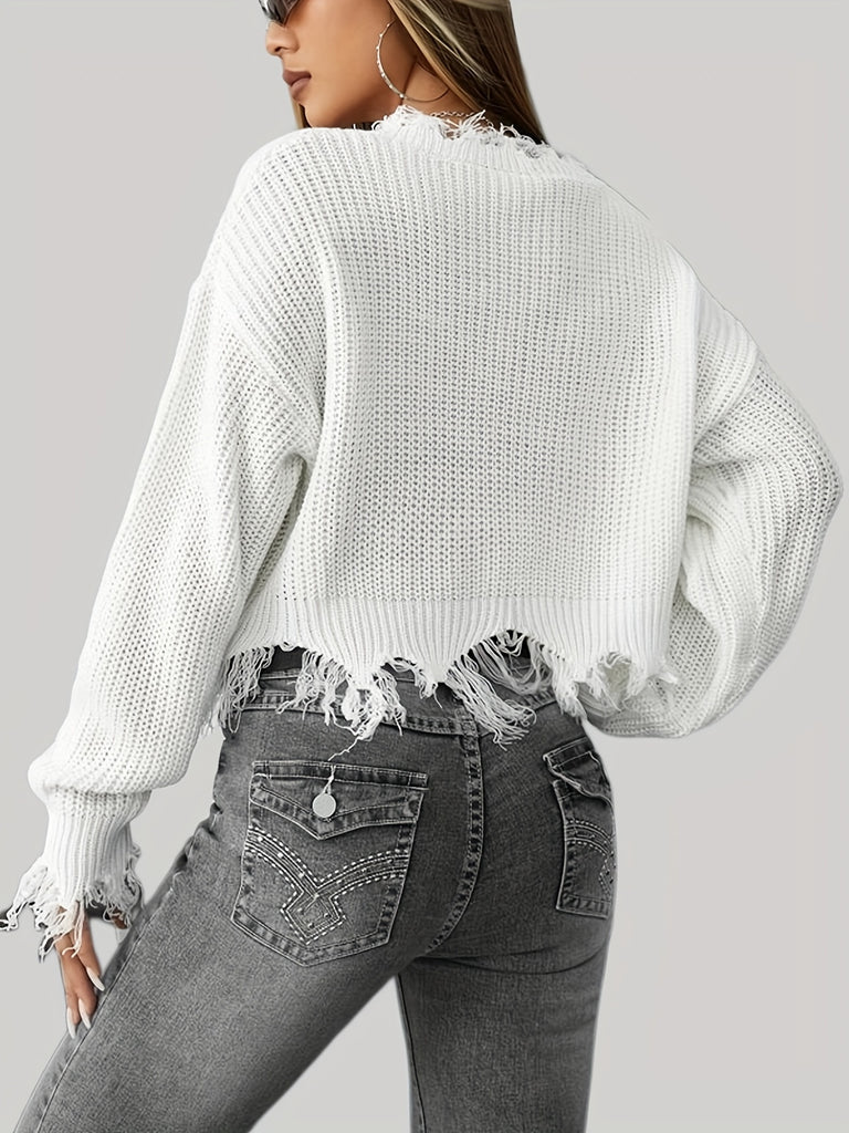 elveswallet  Distressed Raw Hem V Neck Knitted Top, Casual Long Sleeve Crop Pullover Sweater For Spring & Fall, Women's Clothing