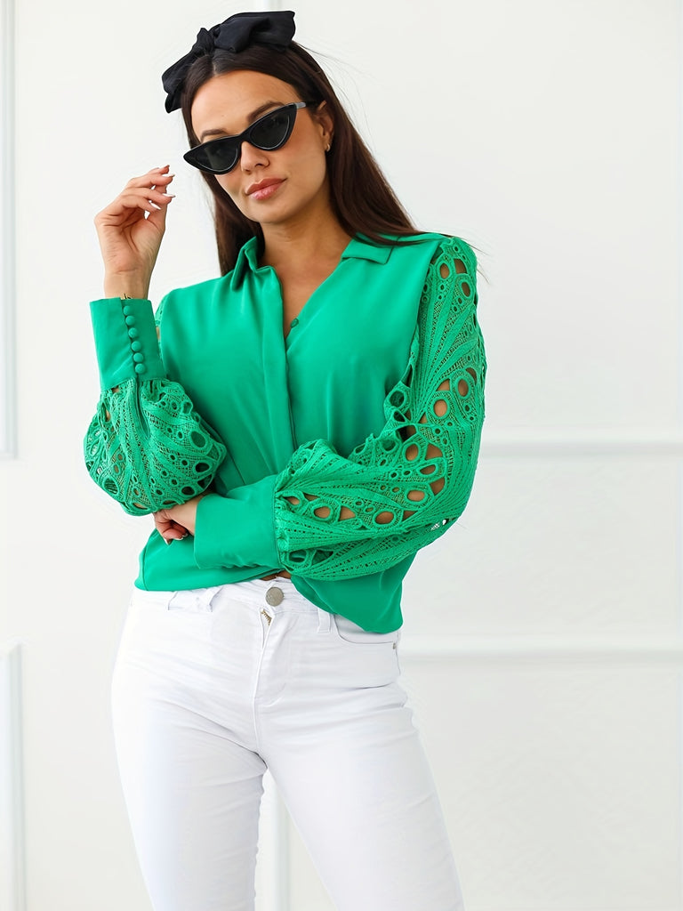 elveswallet  Women's V-Neck Casual Blouse Lace Long Sleeve Shirt Lantern Sleeve Top Work Button T-Shirt