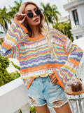 elveswallet  Hollow Striped Knit Sweater, Casual Crew Neck Long Sleeve Sweater, Women's Clothing