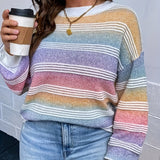elveswallet  Plus Size Casual Sweater, Women's Plus Ombre Stripe Print Round Neck Long Sleeve Slight Stretch Sweater