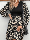 elveswallet  Leopard Print Splicing Dress, Elegant V Neck Long Sleeve Dress, Women's Clothing