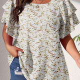 elveswallet  Plus Size Casual Blouse, Women's Plus Polka Dot Print Layered Sleeve Round Neck Oversized Blouse
