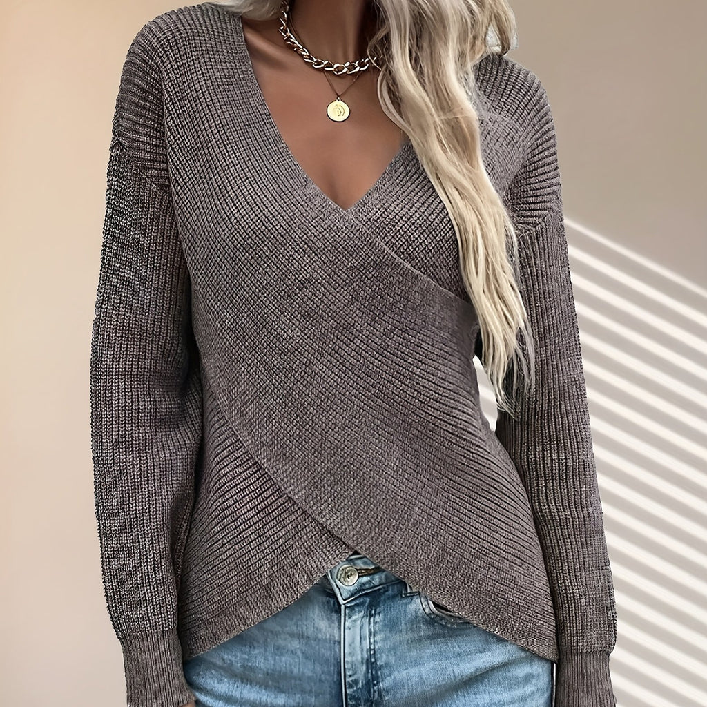Surplice Neck Knitted Pullover Top, Casual Long Sleeve Sweater For Fall & Winter, Women's Clothing