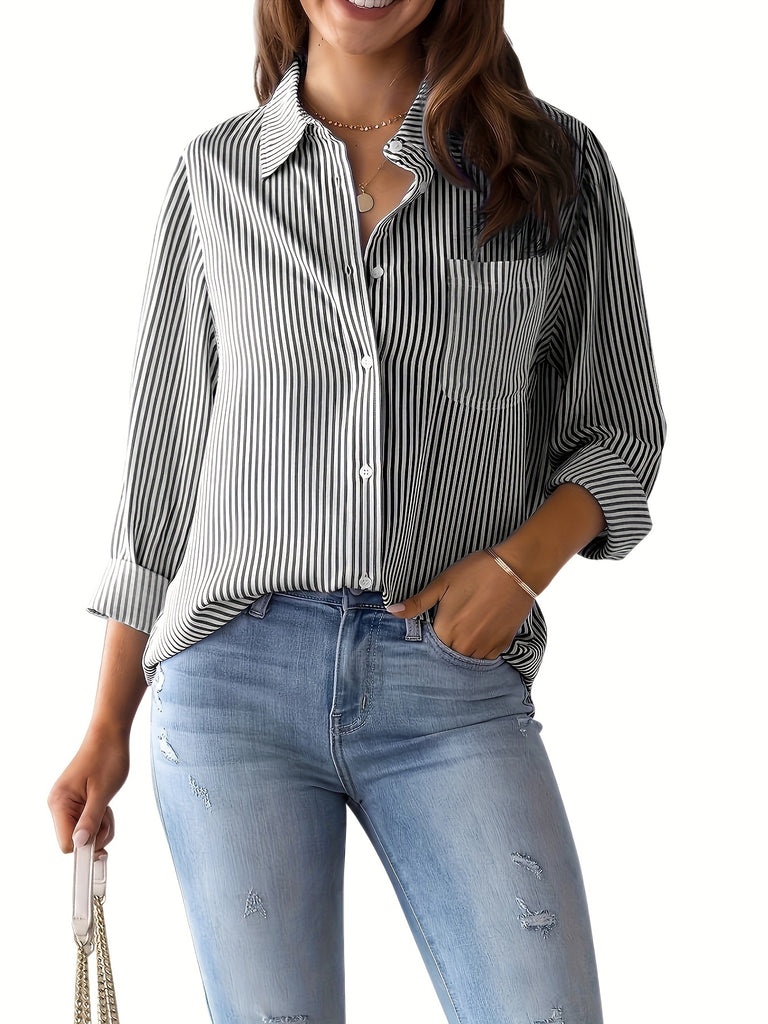 elveswallet  Striped Print Button Front Shirt, Casual Long Sleeve Shirt With Pocket, Women's Clothing
