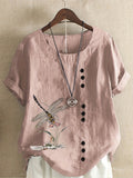 elveswallet  Plus Size Casual Top, Women's Plus Dragonfly Print Button Decor Short Sleeve Round Neck T-shirt