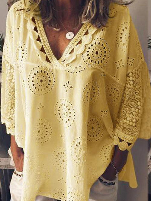 Hollow V Neck Bat Women's Blouse