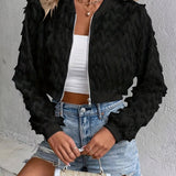 Solid Zip Front Fringe Jacket, Long Sleeve Jacket For Fall & Winter, Women's Clothing