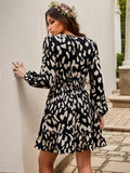 elveswallet  Leopard Print Ruffle Hem Dress, Elegant V Neck Long Sleeve Dress, Women's Clothing