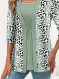 elveswallet  Plus Size Casual Top, Women's Plus Colorblock Leopard Print Half Sleeve Round Neck Tie Front 2 In 1 Top