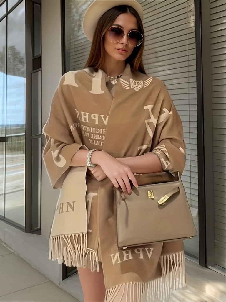 Plus Size Elegant Coat, Women's Plus Letter Print Tassel Trim Batwing Sleeve Open Front Shawl Coat