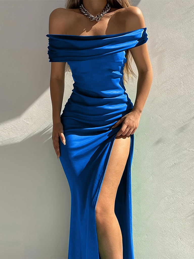Off Shoulder Slit Maxi Dress, Elegant Formal Party Evening Waist Solid Color Sleeveless Mid-length Dresses, Women's Clothing