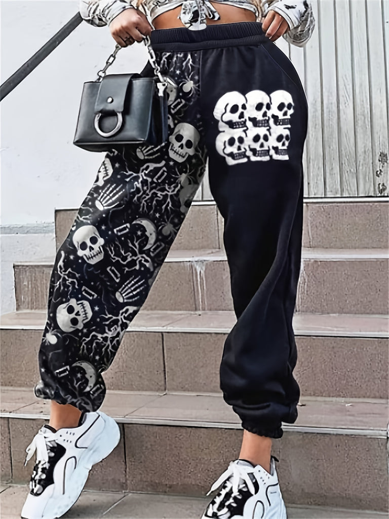 Plus Size Halloween Pants, Women's Plus Skull Print Medium Stretch Tapered Leg Pants