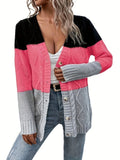elveswalletColor Block Button Front Cardigan, Casual Long Sleeve Cardigan For Spring & Fall, Women's Clothing
